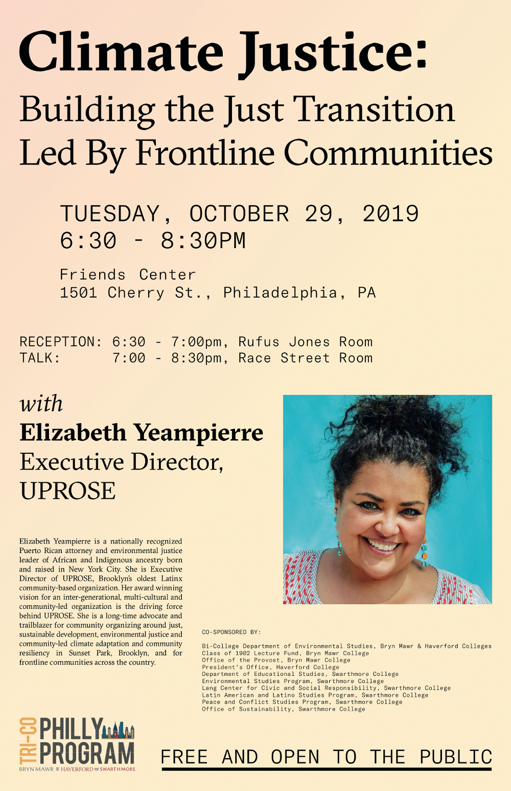 Flyer for talk by Elizabeth Yeampierre on Climate Justice at Friends Center, October 29, 2019