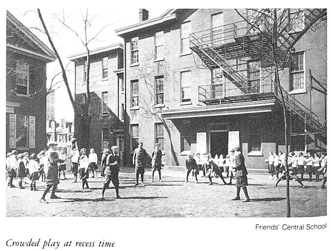 Historic image of children playing in the courtyard at Friends Center, with the Meetinghouse and 1520 Race Street building in the background. The boys are wearing knickers and caps.