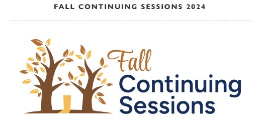 Headline says Fall Continuing Sessions 2024. Below left is a cartoon of two brown trees with yellow and brown leaves. They frame a yellow doorway. On the right text again says Fall Continuing Sessions.