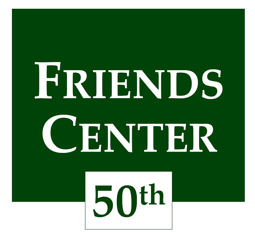 White text in green box says Friends Center. Green text on white box says 50th.